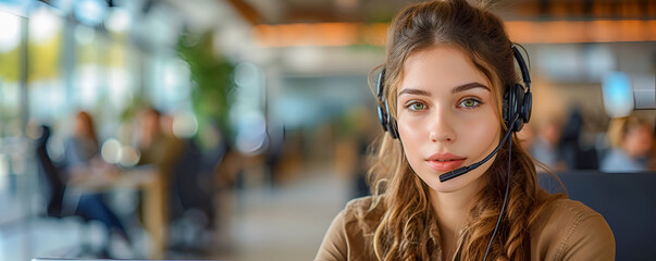 A young and attractive employee with headphones, microphone and modern office interiors in the background. She works in the support service, advising clients by phone. Place for the text, banner
