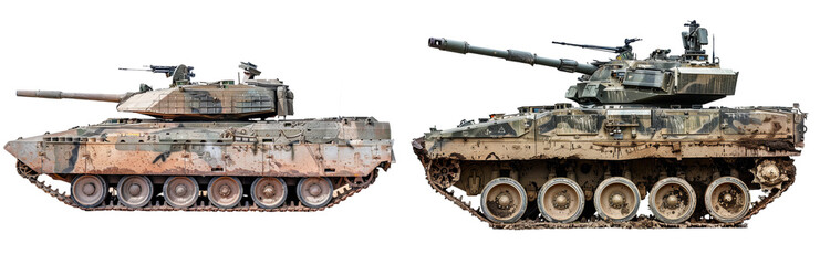 Fototapeta na wymiar Scale Model Military Tanks Isolated on a White Background with Intricate Detailing