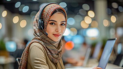 A pretty and young Indian woman in a national headscarf wearing headphones with a microphone works in a modern office, helps clients in a contact center. - obrazy, fototapety, plakaty