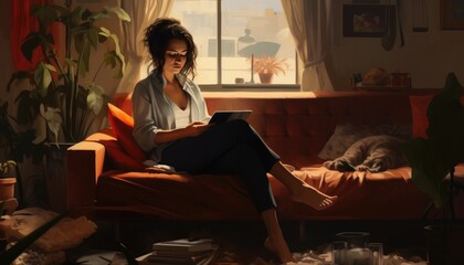 Woman sitting on the sofa reading a book