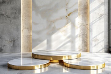 white marble Podium stand studio room brown gold color background 3d pedestal platform background....