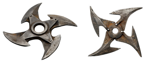 Two Different Types of Metal Throwing Stars Isolated on White Background, Ninja Weapons