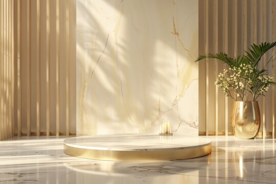 white marble Podium stand studio room brown gold color background 3d pedestal platform background. Premium golden light scene luxurious  style floor stage modern mockup base. with a vase tree