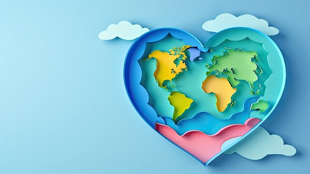 World Health Day: Heart-shaped Earth in paper art signifies good health on a blue background. Conceptual and vibrant stock photo.