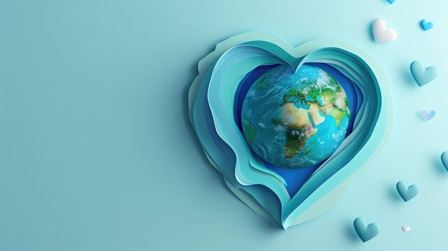 World Health Day: Heart-shaped Earth in paper art signifies good health on a blue background. Conceptual and vibrant stock photo.