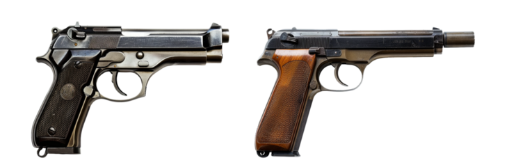 Classic Black and Silver Semi-Automatic Pistols with Wooden Handles Isolated on White Background