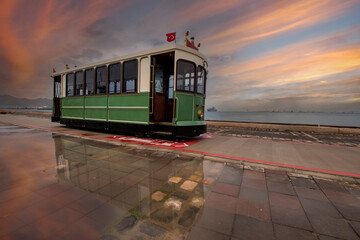 Nostalgic tram view on Kordon Street in Izmir City