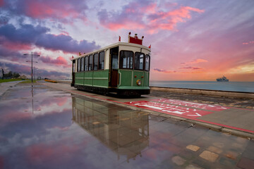 Nostalgic tram view on Kordon Street in Izmir City