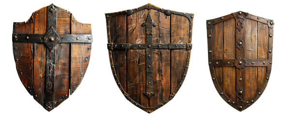 Trio of Antique Wooden Knight Shields on White Background, Collection of Medieval Armament