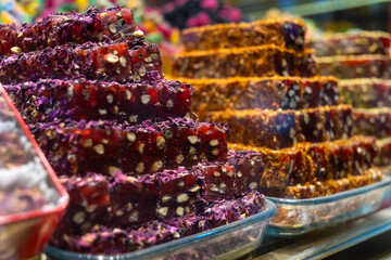 Close-up of delicious traditional Turkish sweets on the counter on Istiklal Street, Istanbul, Turkey.