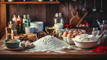 Ingredients of DIY baking and cooking at kitchen.
