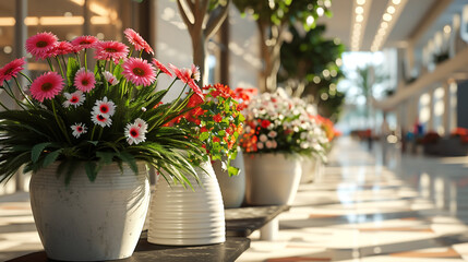 A tranquil view of a mall's relaxation area, where 4K HDR fresh flowers in stylish vases add a touch of serenity and natural beauty to the spaces designed for shoppers to unwind.