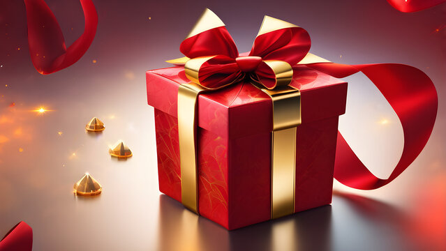 red gift box with gold wrapping ribbon illustration epic royal background. red gift box with a golden ribbon