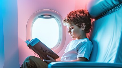 Smart kid boy sits by the window at plane soars through the sky, reading a book. Childhood wonder...