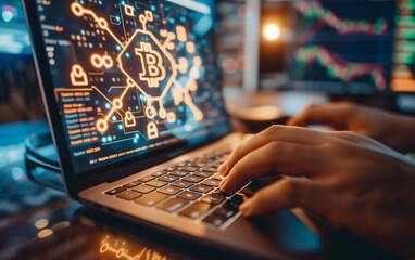 person typing on a laptop with bitcoin logo show on monitor