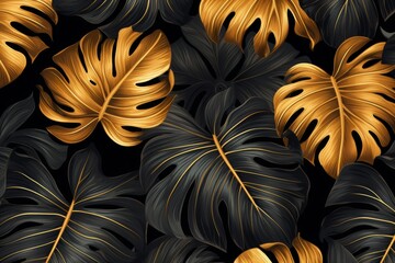 Luxury tropical leaves gold and black, monstera palm graphic design, exotic botanical illustration