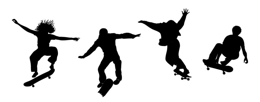 Set of Black silhouettes Skaters jumping, riding skateboard. Young cool girls and boys trick and stunt on skate board, movement in air. Outdoor extreme sport. Vector icons on transparent background.