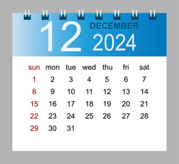 December 2024. Vector monthly calendar template 2024 year in simple style for template design. Week starts from Sunday.