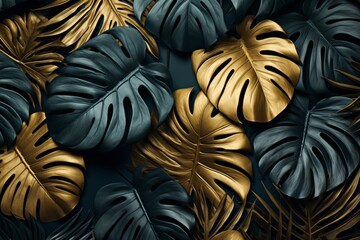 Tropical leaves gold and black, monstera palm graphic design for exotic botanical cosmetics