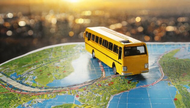 Map Navigator: Toy Yellow Bus with GPS Journey"