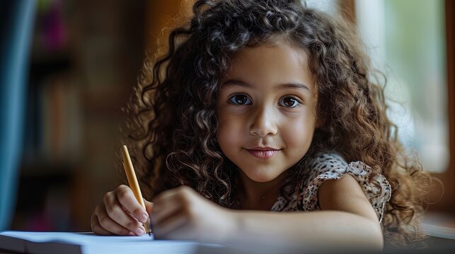 Cute little curly haired dark skinned girl, child, joyfully writing or drawing with a pen in a notebook while seated at a desk