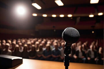 A single microphone on a stand is highlighted by a spotlight against a blurred background of an auditorium filled with an expectant audience, suggesting a live performance