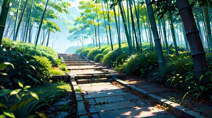 The path in the park, the bamboo forest in spring