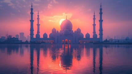 An islamic wallpaper with a sunset, moon, holy night, and a silhouette mosque with a sunset sky - obrazy, fototapety, plakaty