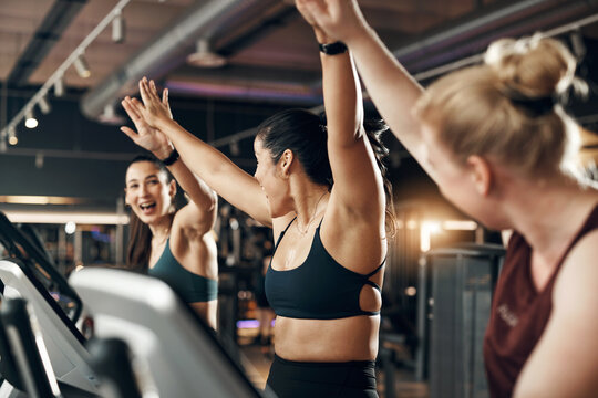 Ecstatic group of fit young women in sportswear laughing and high-fiving together after a cardio workout session on stationary bikes in a health club