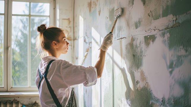 House painter woman in uniform, skillfully paints a wall in an apartment using a roller, showcasing craftsmanship and home improvement