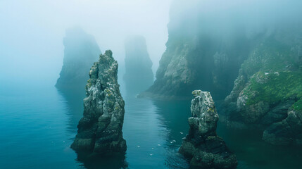 Rock formations on foggy coastline