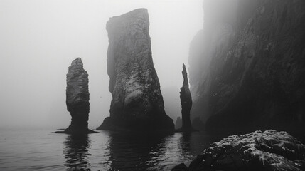 Rock formations on foggy coastline
