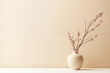 minimalisme, fond, background, mur beige, sol couleur crème avec un vase en terre cuite beige clair et des branches de fleurs séchées. Décor zen et relaxant Espace négatif pour texte copyspace - obrazy, fototapety, plakaty