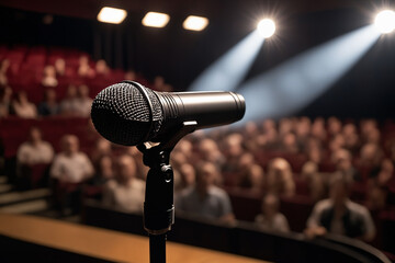 A single microphone on a stand is highlighted by a spotlight against a blurred background of an auditorium filled with an expectant audience, suggesting a live performance