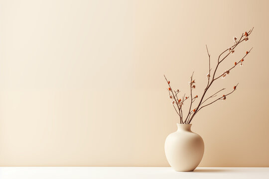minimalisme, fond, background, mur beige, sol couleur cr&egrave;me avec un vase en terre cuite beige clair et des branches de fleurs s&eacute;ch&eacute;es. D&eacute;cor zen et relaxant Espace n&eacute;gatif pour texte copyspace