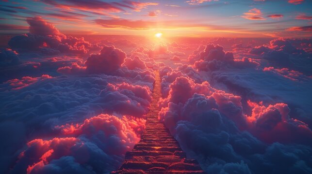 An image with stairs. Concept with sun and clouds. Religion background. Red heart shaped sky at sunset. Love background with copy space.