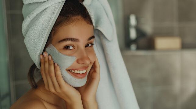 A Young Girl With A Towel On Her Head After A Shower Applies A Mask To Her Face. Woman Smiling And Looking At Camera, She Is In Her Bathroom At Home