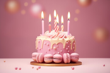 Gâteau anniversaire rose avec macarons assortis, décoré en pâte à sucre et crème fouettée. - 6 bougies, dont 3 rayées, sur le dessus pour célébrer 6 ans, ou 33 ans. Fond rose festif - obrazy, fototapety, plakaty