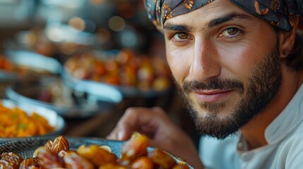 A Middle Eastern man eats dates during a Ramadan meal at home.
