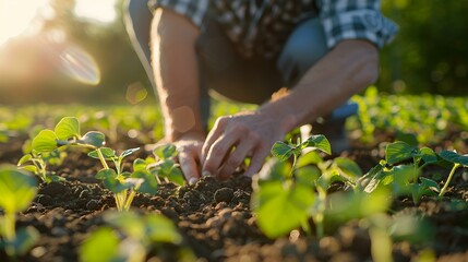 Examining Young Soybean Plants in a Sunny Field. Concept Agriculture, Field Studies, Plant Growth, Crop Development, Environment