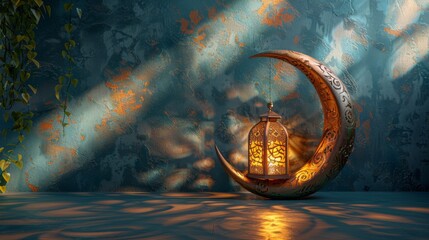 With a lantern and crescent moon, this Islamic decoration background features the festivals of Ramadan Kareem, Mawlid, Iftar, Eid al Fitr Adha, Muharram, copy space text area, 3D illustration. - obrazy, fototapety, plakaty