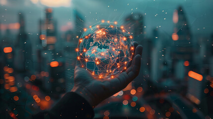 A hand holding a globe with a network of light against a blurred night city background