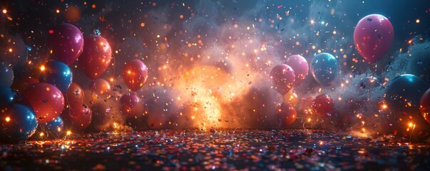 Festive party background with blurred bokeh lights, colorful balloons and flying confetti
