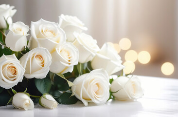 Obraz na płótnie Canvas White roses bunch, blurred bokeh background. Defocused space for text placement. Horizontal panoramic banner. Fresh blossoming delicate rose frame, flowers festive floral card, selective focus, toned
