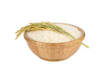 white rice (Thai Jasmine rice) in the wooden bowl with unmilled rice isolated,png