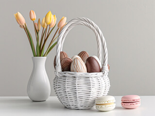 A wicker basket overflowing with colorful Easter eggs and pastel-colored macarons sits next to a vibrant bouquet of tulips. The scene is a delightful celebration of spring and Easter festivities.