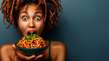Naklejka premium Woman wow expression, noodles bowl
