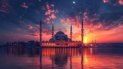 The silhouette of a mosque against a sunset sky, the moon and the holy night, all in a panoramic islamic wallpaper with the sky and moon - obrazy, fototapety, plakaty