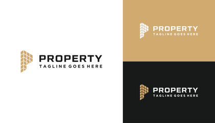 Golden Initial Letter P Apartment Building Property with Elegant Luxury Line Art Hexagon Logo Design