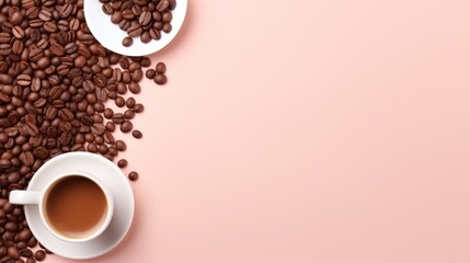 Arrangement of coffee beans and a coffee cup with space for copy.